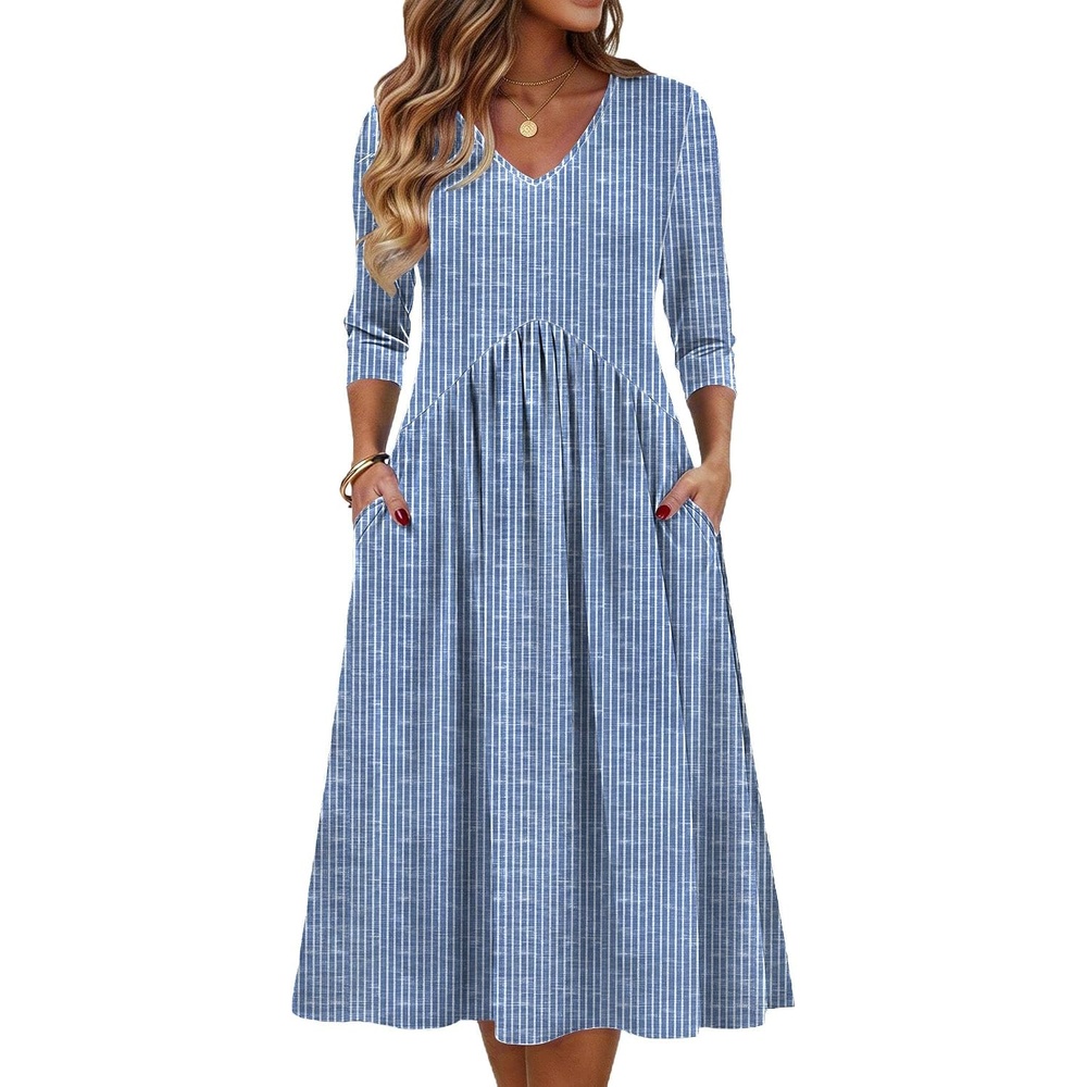 image:imageZeagoo Summer Dresses for Women 2026 34 Sleeve Casual Midi Tshirt DressesStripe Tz273
