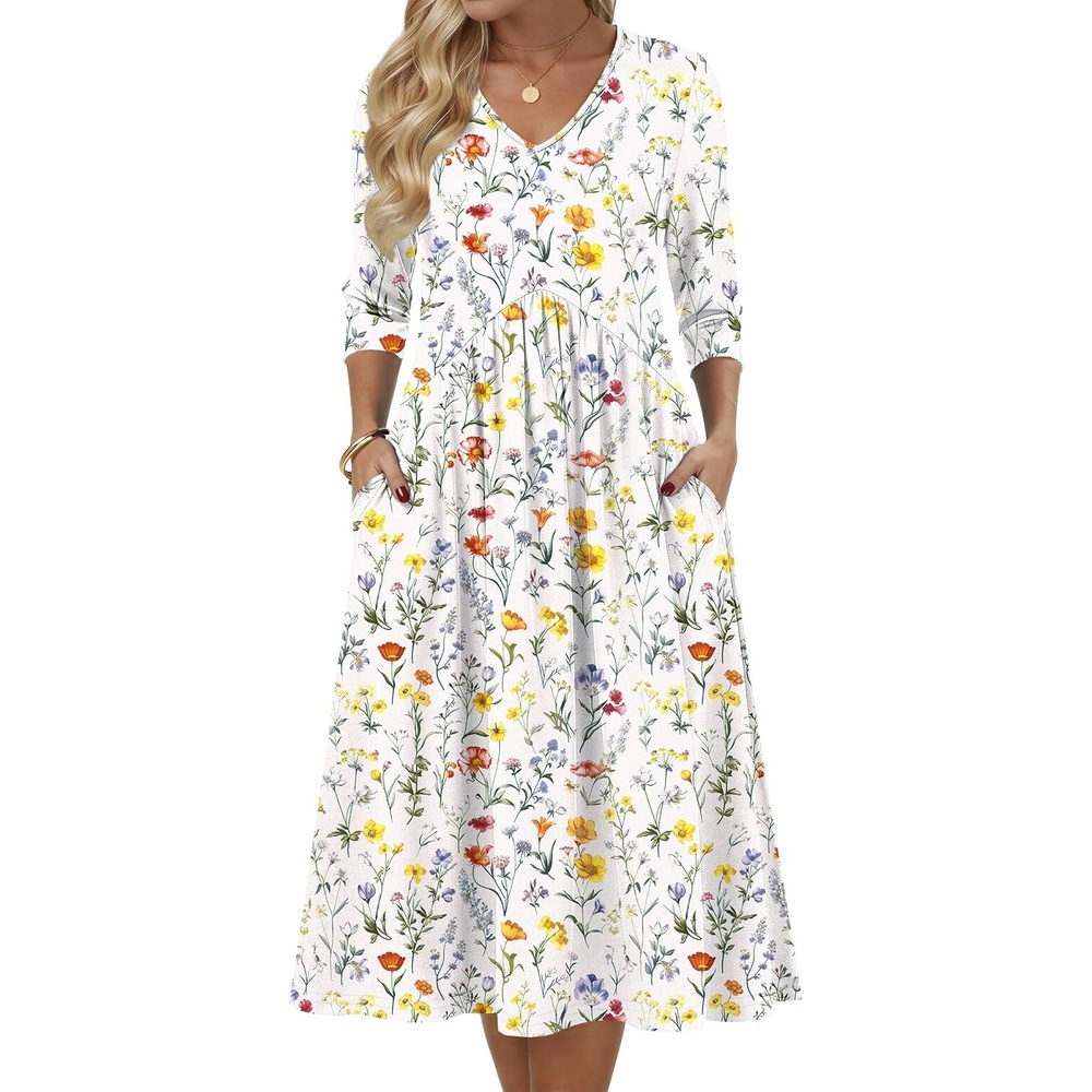 image:imageZeagoo Summer Dresses for Women 2026 34 Sleeve Casual Midi Tshirt DressesWhite Floral