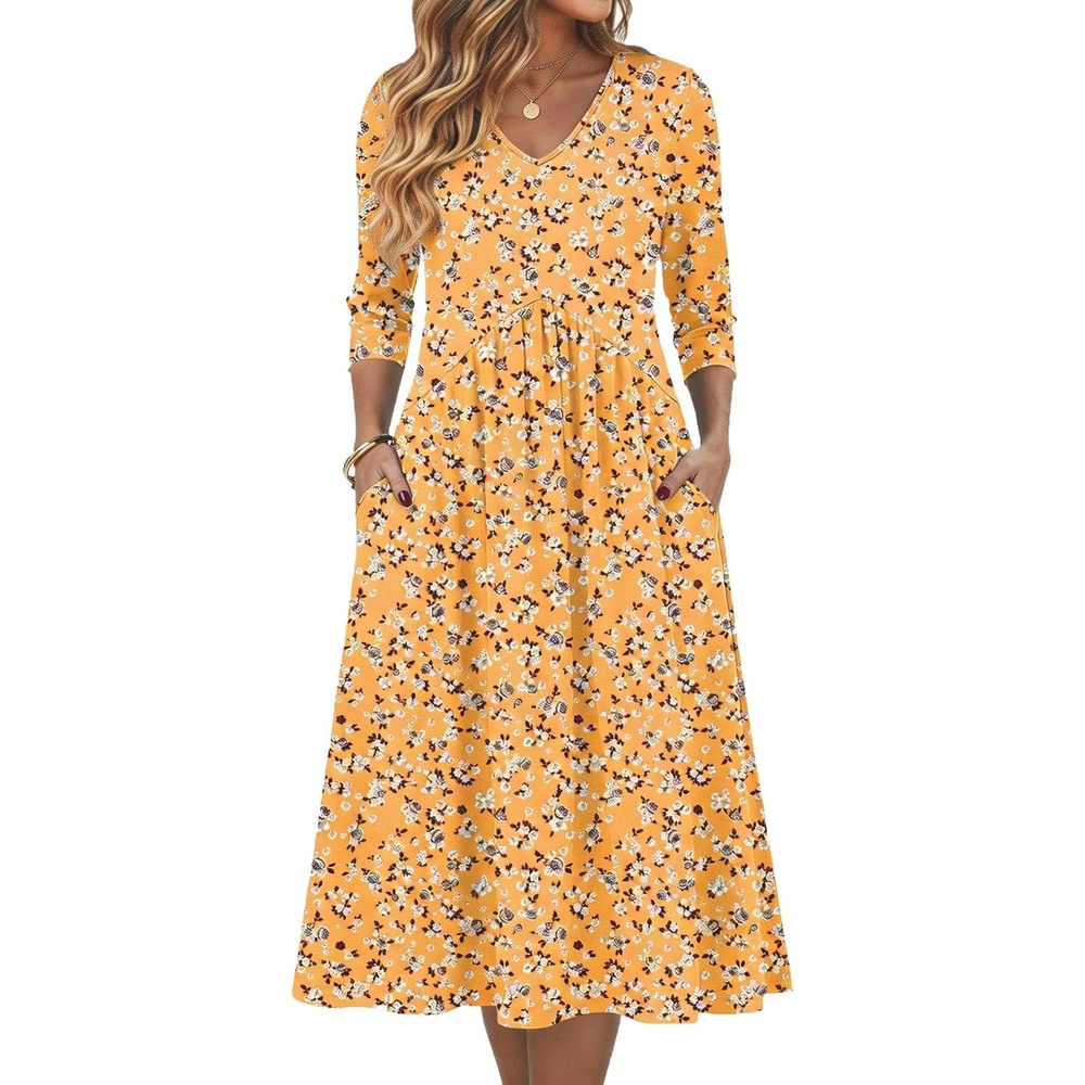 image:imageZeagoo Summer Dresses for Women 2026 34 Sleeve Casual Midi Tshirt DressesYellow Floral