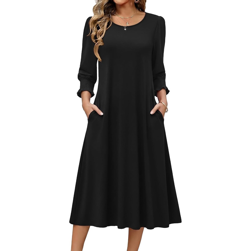 image:imageZeagoo Summer Dresses for Women 2026 34 Sleeve Dress for Women Floral Midi Dresses for Casual Womens Dresses with PocketsBlack