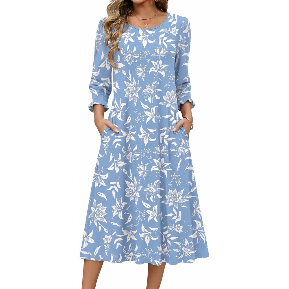 image:imageZeagoo Summer Dresses for Women 2026 34 Sleeve Dress for Women Floral Midi Dresses for Casual Womens Dresses with PocketsCfloralsf378new