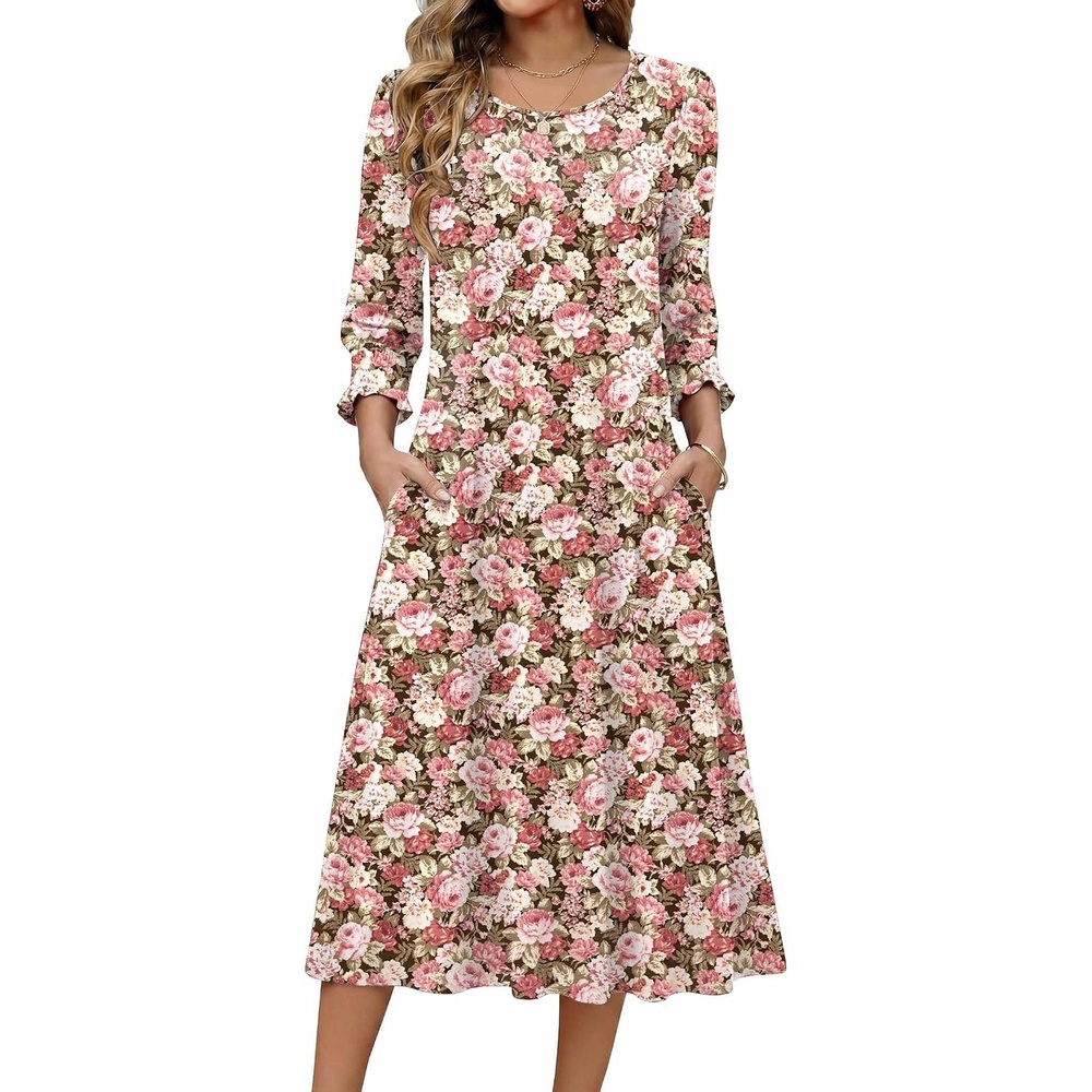image:imageZeagoo Summer Dresses for Women 2026 34 Sleeve Dress for Women Floral Midi Dresses for Casual Womens Dresses with PocketsCfloralwf87new