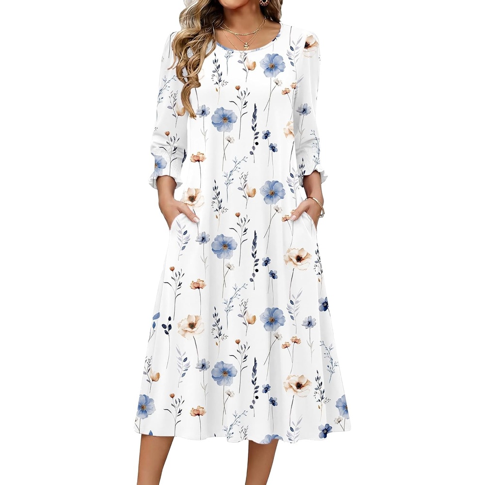 image:imageZeagoo Summer Dresses for Women 2026 34 Sleeve Dress for Women Floral Midi Dresses for Casual Womens Dresses with PocketsFloralbf290
