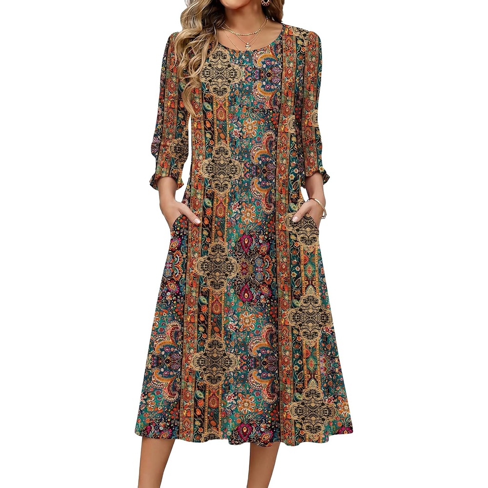 image:imageZeagoo Summer Dresses for Women 2026 34 Sleeve Dress for Women Floral Midi Dresses for Casual Womens Dresses with PocketsFloralmz721