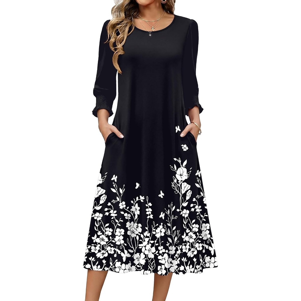 image:imageZeagoo Summer Dresses for Women 2026 34 Sleeve Dress for Women Floral Midi Dresses for Casual Womens Dresses with PocketsFloralsf100