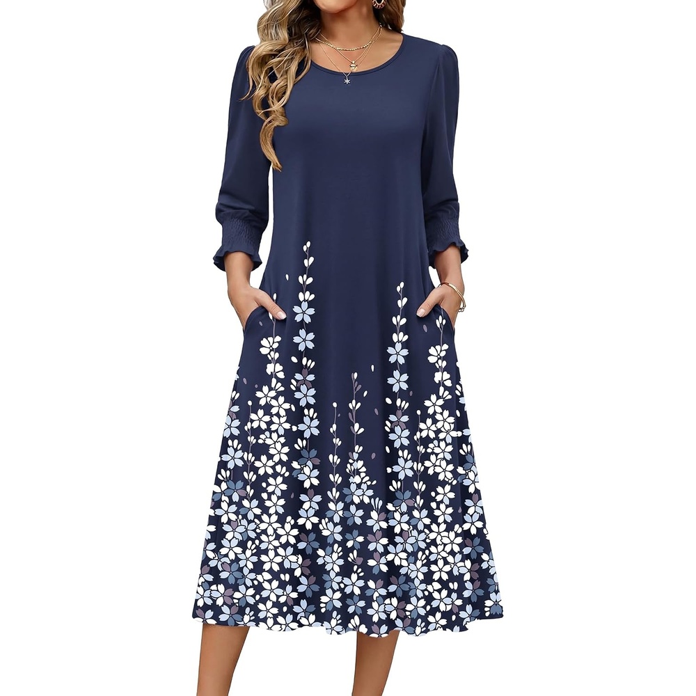 image:imageZeagoo Summer Dresses for Women 2026 34 Sleeve Dress for Women Floral Midi Dresses for Casual Womens Dresses with PocketsFloralsf119