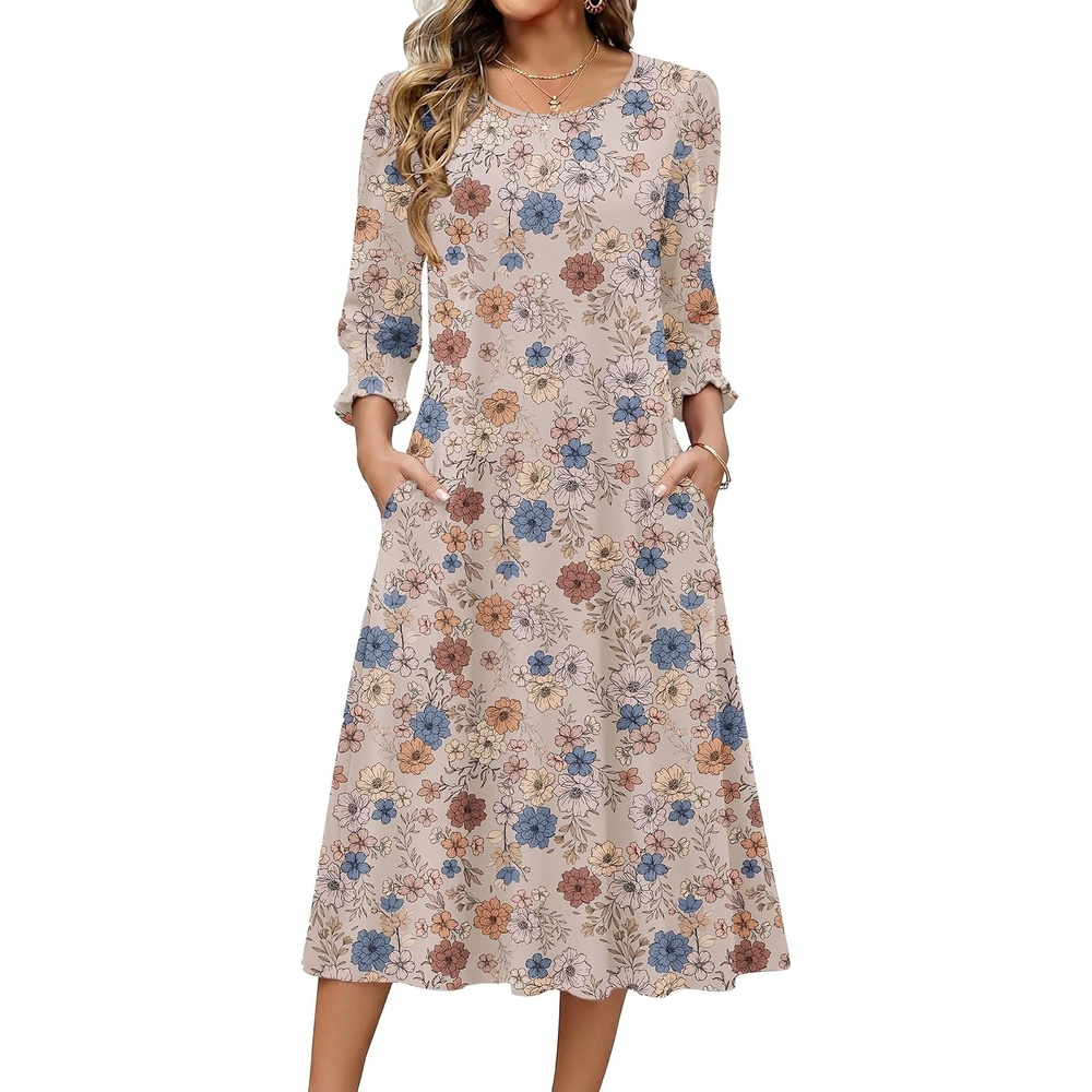 image:imageZeagoo Summer Dresses for Women 2026 34 Sleeve Dress for Women Floral Midi Dresses for Casual Womens Dresses with PocketsFloralsf170