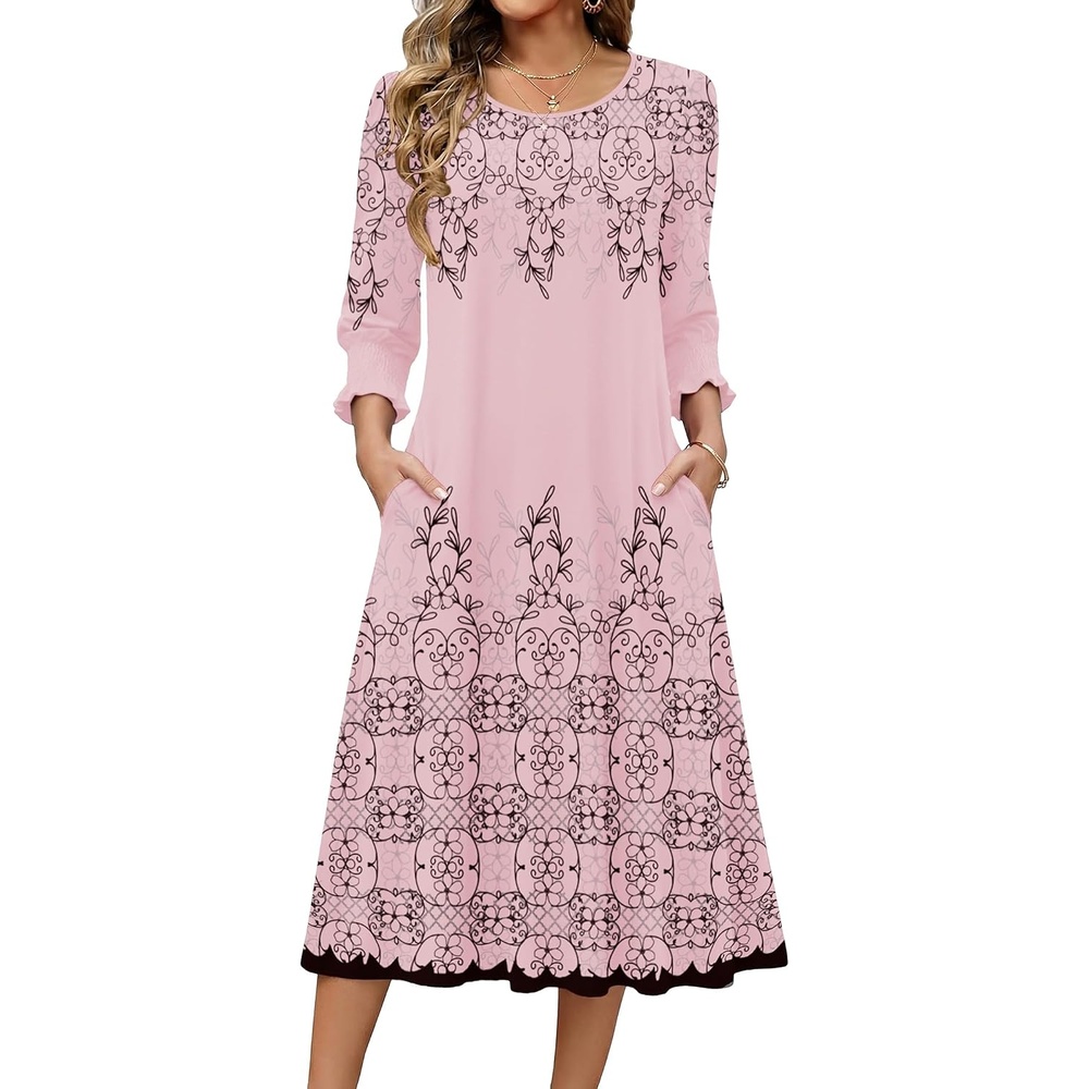 image:imageZeagoo Summer Dresses for Women 2026 34 Sleeve Dress for Women Floral Midi Dresses for Casual Womens Dresses with PocketsFloralsf292