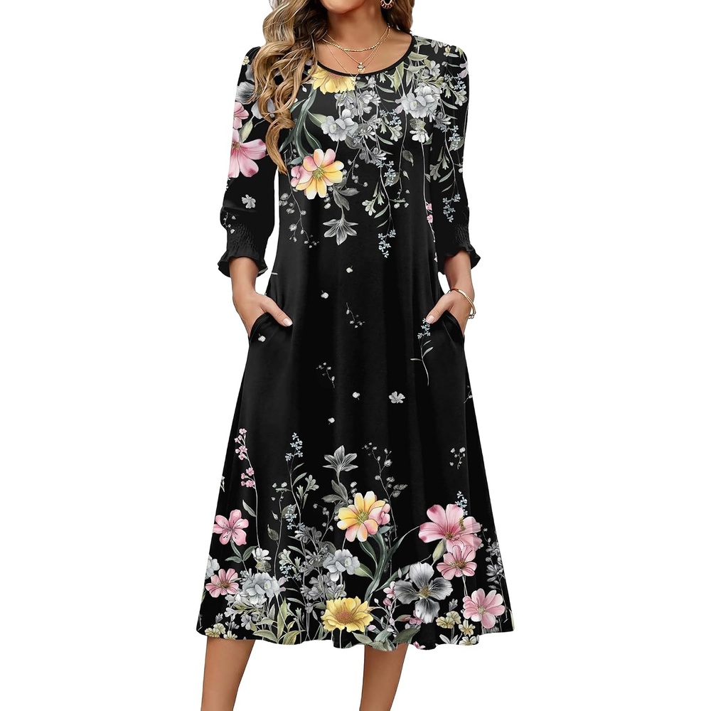 image:imageZeagoo Summer Dresses for Women 2026 34 Sleeve Dress for Women Floral Midi Dresses for Casual Womens Dresses with PocketsFloralwf120