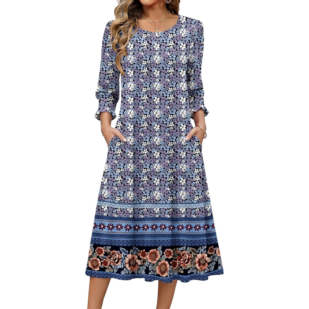 image:imageZeagoo Summer Dresses for Women 2026 34 Sleeve Dress for Women Floral Midi Dresses for Casual Womens Dresses with PocketsFloralxh547