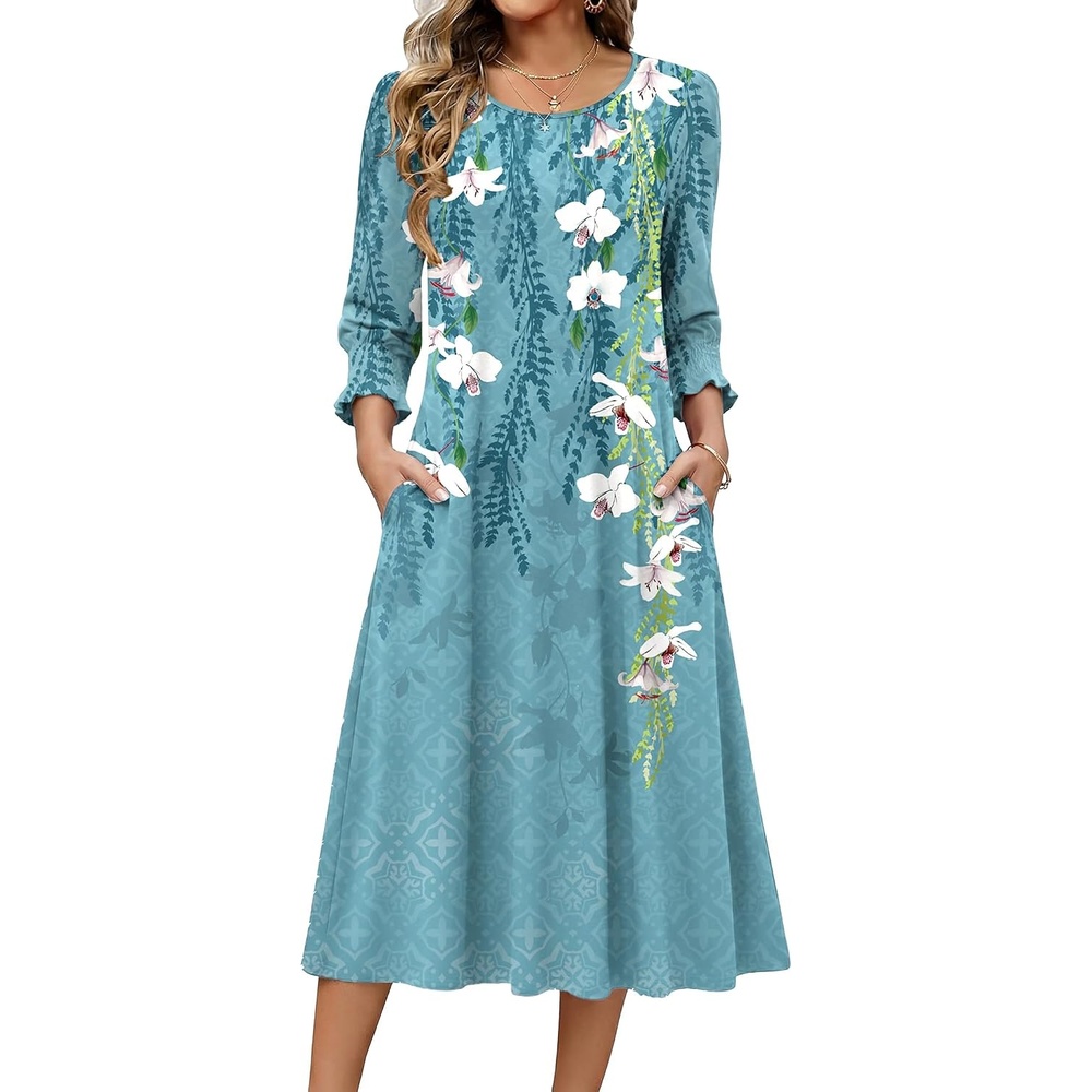 image:imageZeagoo Summer Dresses for Women 2026 34 Sleeve Dress for Women Floral Midi Dresses for Casual Womens Dresses with PocketsFloralzw89