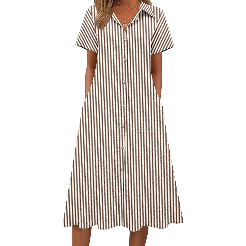 image:imageZeagoo Summer Dresses for Women 2026 Button Down Shirt Dresses Aline Long Sundress Short Sleeve Beach Travel Cover UpBrown Stripe