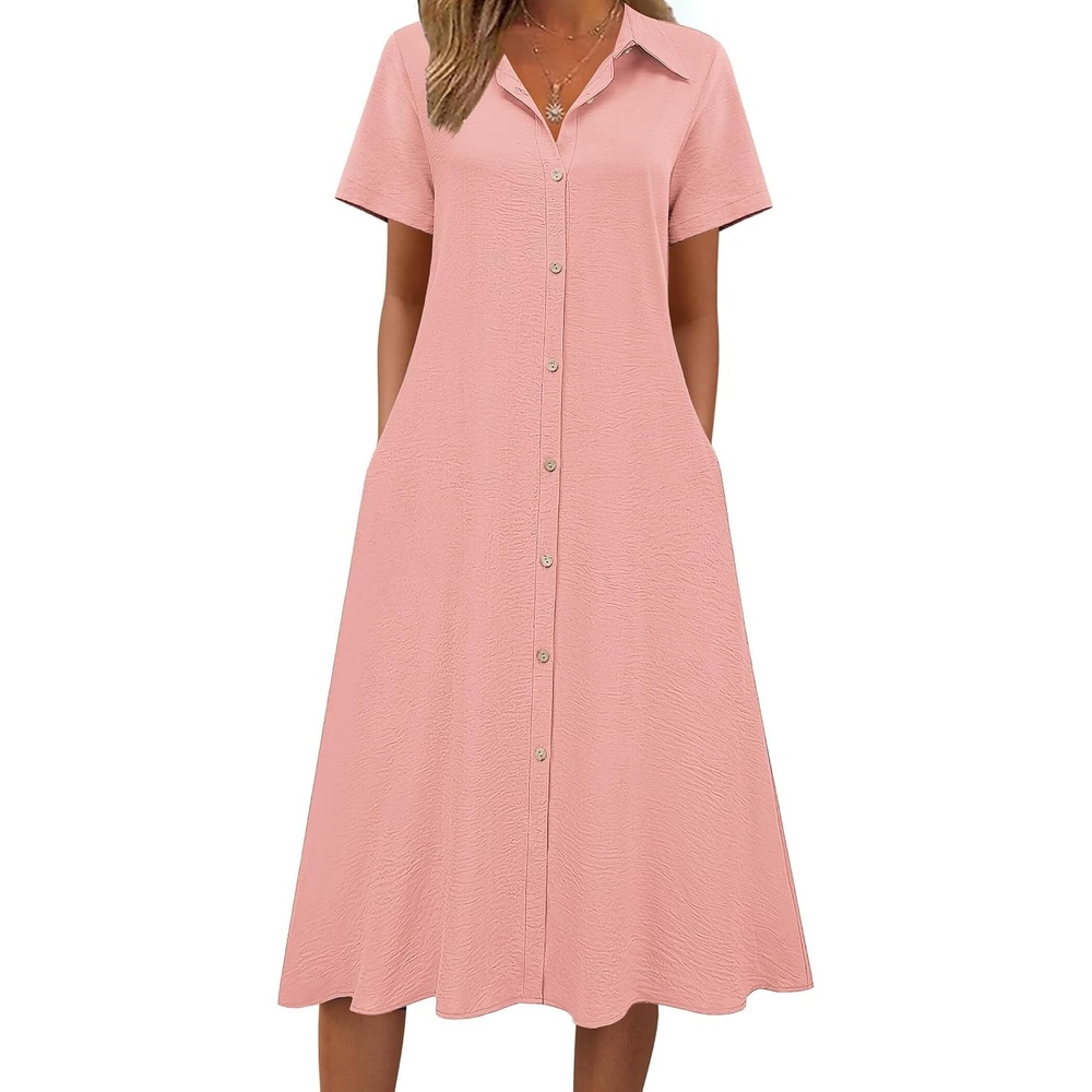 image:imageZeagoo Summer Dresses for Women 2026 Button Down Shirt Dresses Aline Long Sundress Short Sleeve Beach Travel Cover UpPink