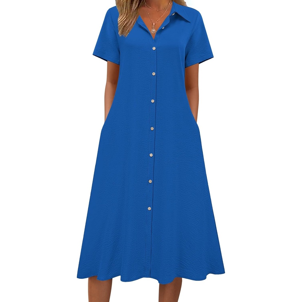image:imageZeagoo Summer Dresses for Women 2026 Button Down Shirt Dresses Aline Long Sundress Short Sleeve Beach Travel Cover UpRoyal Blue