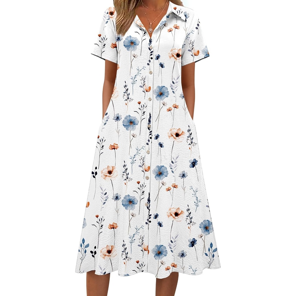 image:imageZeagoo Summer Dresses for Women 2026 Button Down Shirt Dresses Aline Long Sundress Short Sleeve Beach Travel Cover UpWhite Floral