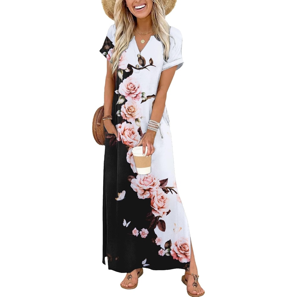 image:imageZeagoo Summer Dresses for Women 2026 Maxi Dresses Vacation Sundress Short Sleeve Casual Sundresses Split Dress with PocketsFloralbf348