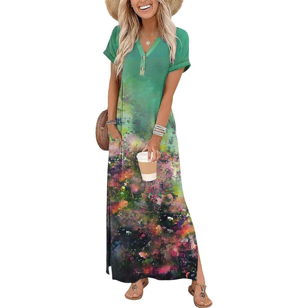image:imageZeagoo Summer Dresses for Women 2026 Maxi Dresses Vacation Sundress Short Sleeve Casual Sundresses Split Dress with PocketsFloralcx322