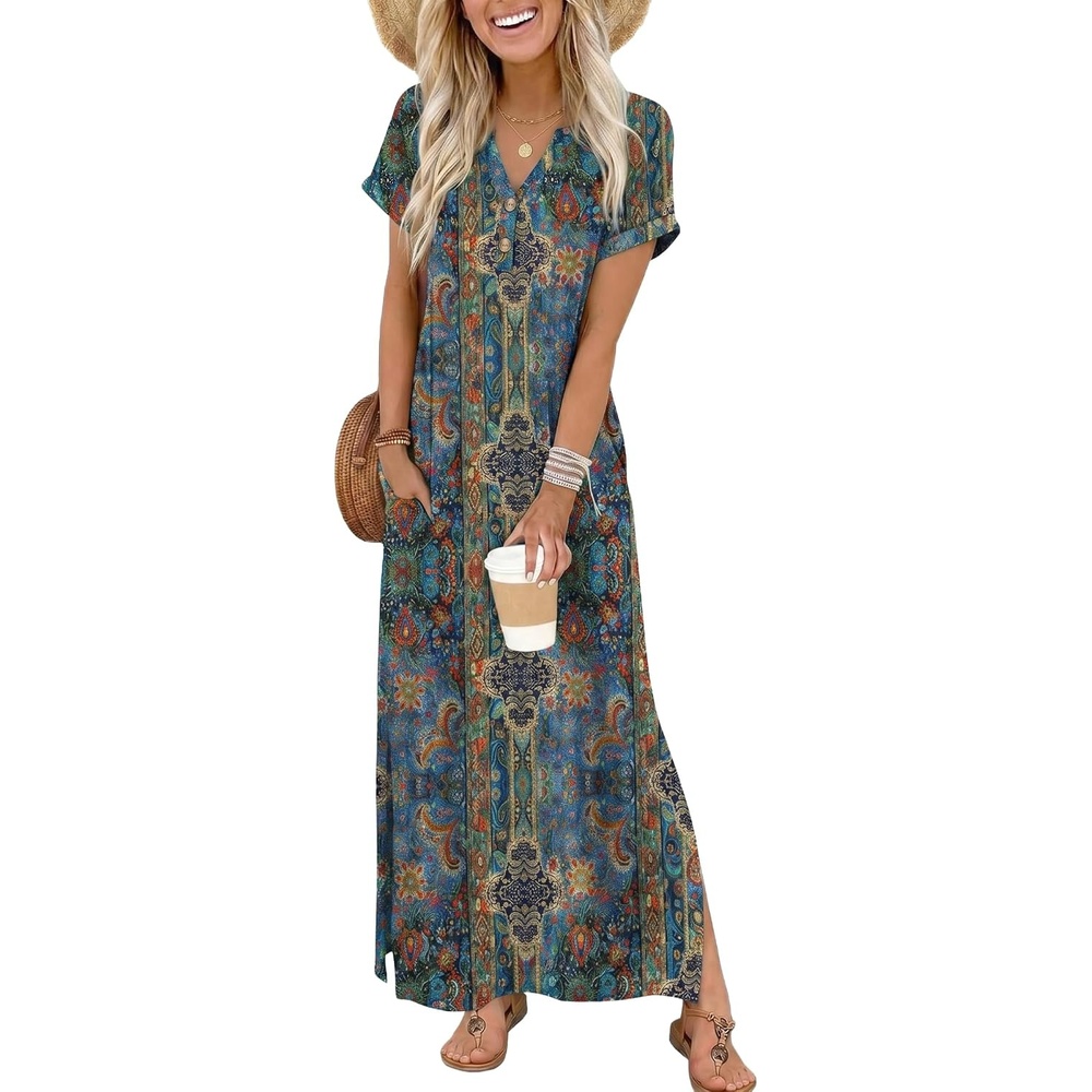 image:imageZeagoo Summer Dresses for Women 2026 Maxi Dresses Vacation Sundress Short Sleeve Casual Sundresses Split Dress with PocketsFloralmz779new