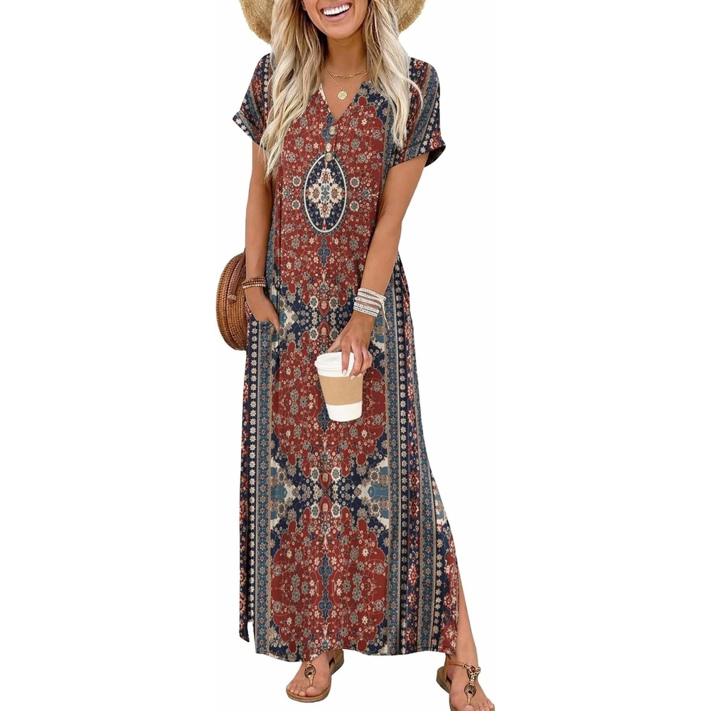 image:imageZeagoo Summer Dresses for Women 2026 Maxi Dresses Vacation Sundress Short Sleeve Casual Sundresses Split Dress with PocketsFloralmz870new
