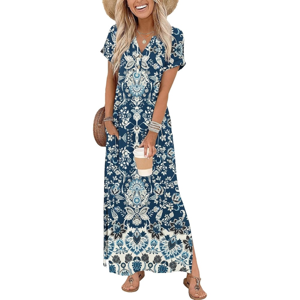 image:imageZeagoo Summer Dresses for Women 2026 Maxi Dresses Vacation Sundress Short Sleeve Casual Sundresses Split Dress with PocketsFloralmz924