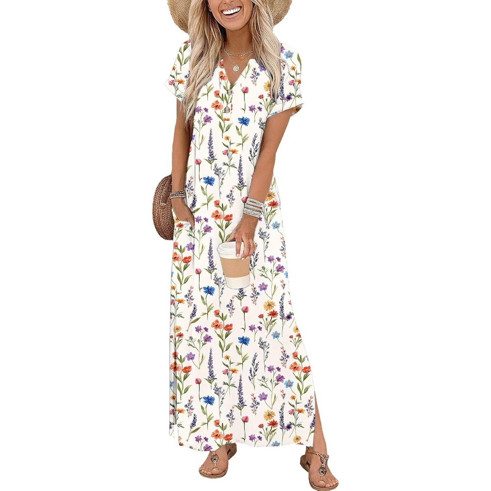 image:imageZeagoo Summer Dresses for Women 2026 Maxi Dresses Vacation Sundress Short Sleeve Casual Sundresses Split Dress with PocketsFloralwf109