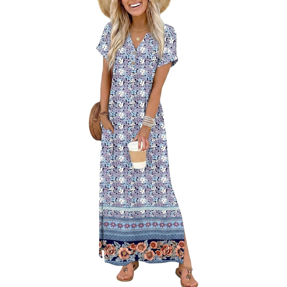 image:imageZeagoo Summer Dresses for Women 2026 Maxi Dresses Vacation Sundress Short Sleeve Casual Sundresses Split Dress with PocketsFloralxh547new