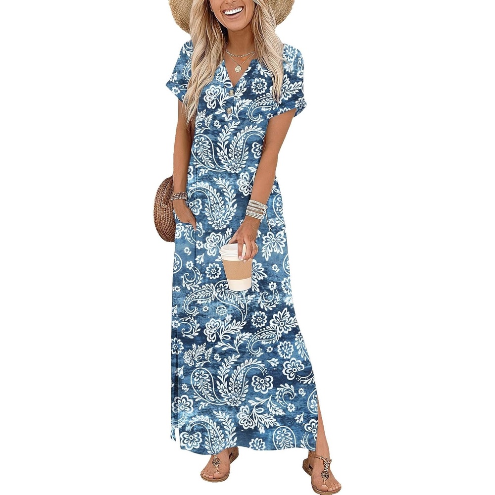 image:imageZeagoo Summer Dresses for Women 2026 Maxi Dresses Vacation Sundress Short Sleeve Casual Sundresses Split Dress with PocketsFloralyg8