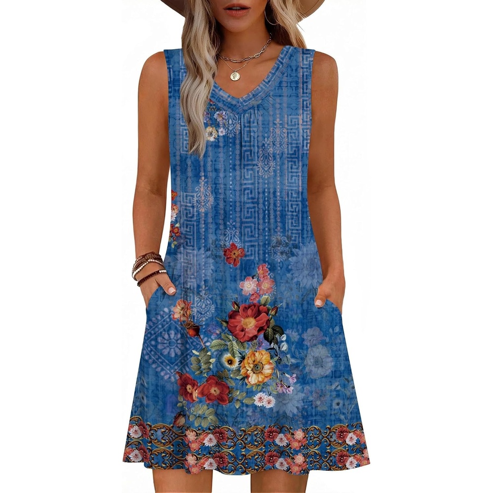 image:imageZeagoo Summer Dresses for Women 2026 Sleeveless Dress V Neck Tank Dress Pleated Floral Tshirt Sundresses with PocketsAblue Floral Print