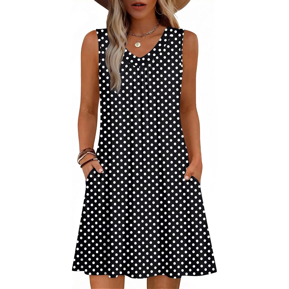 image:imageZeagoo Summer Dresses for Women 2026 Sleeveless Dress V Neck Tank Dress Pleated Floral Tshirt Sundresses with PocketsJh124