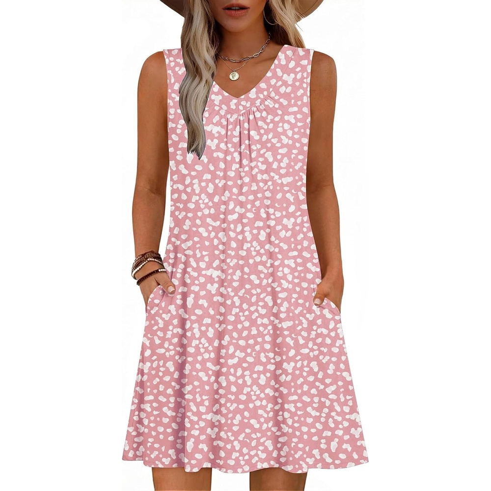 image:imageZeagoo Summer Dresses for Women 2026 Sleeveless Dress V Neck Tank Dress Pleated Floral Tshirt Sundresses with PocketsJh589