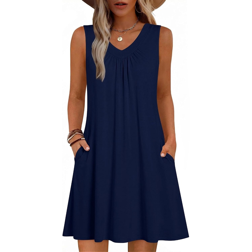 image:imageZeagoo Summer Dresses for Women 2026 Sleeveless Dress V Neck Tank Dress Pleated Floral Tshirt Sundresses with PocketsNavy Blue