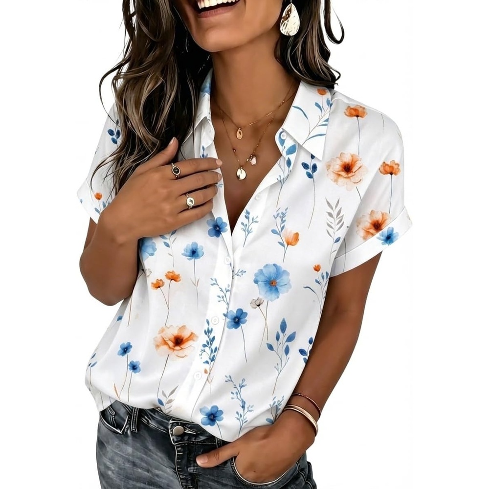 image:imageZeagoo Summer Tops for Women Short Sleeve Button Down Shirt V Neck BlouseFloral White