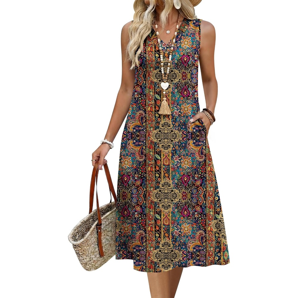 image:imageZeagoo Sundresses Dresses for Women 2026 Summer Sleeveless V Neck Casual Midi Tank Beach Vacation Dresses with Pockets01mz721