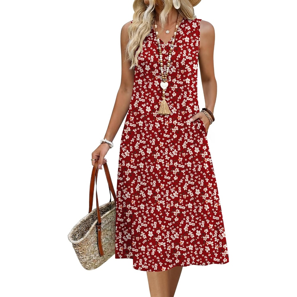 image:imageZeagoo Sundresses Dresses for Women 2026 Summer Sleeveless V Neck Casual Midi Tank Beach Vacation Dresses with PocketsBf284