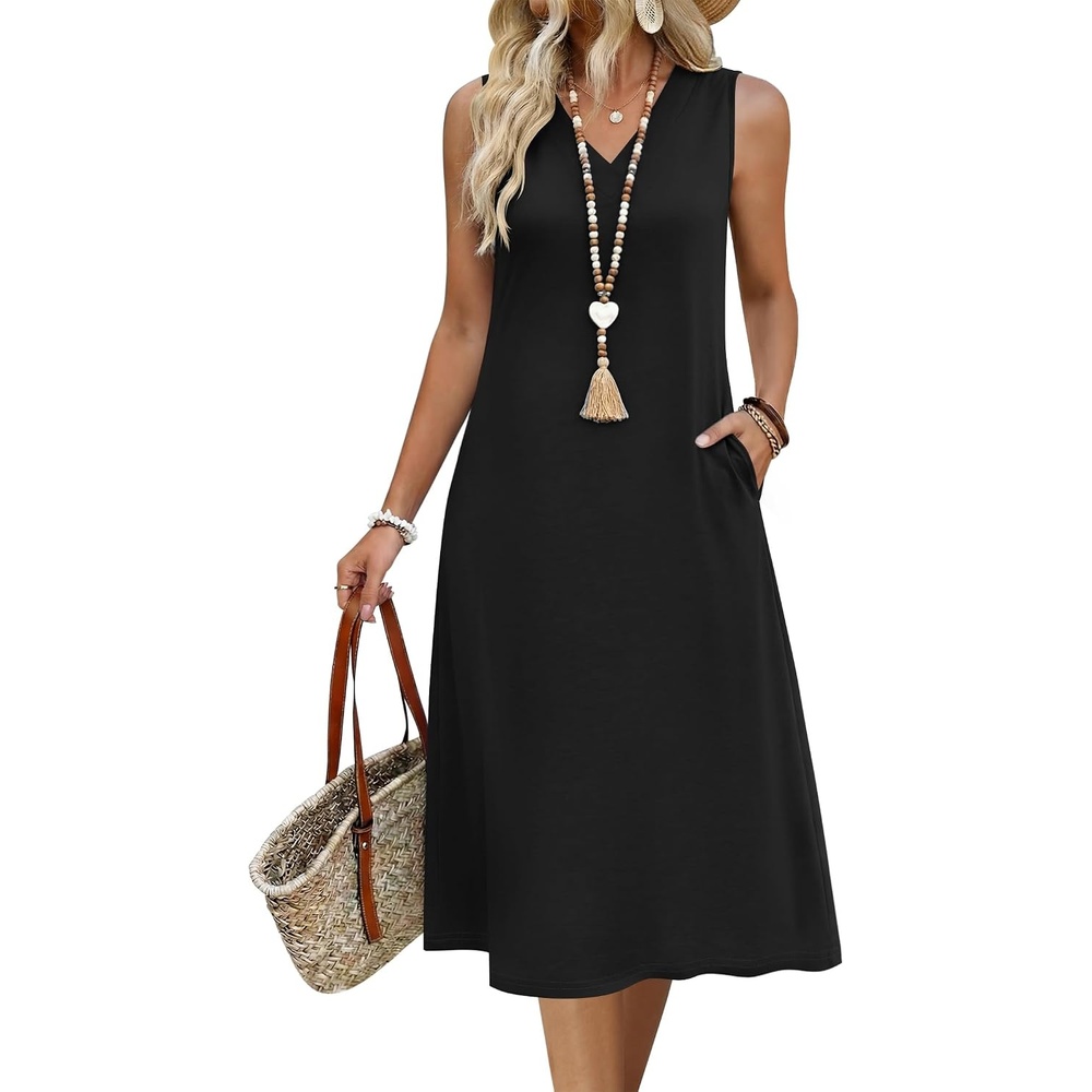 image:imageZeagoo Sundresses Dresses for Women 2026 Summer Sleeveless V Neck Casual Midi Tank Beach Vacation Dresses with PocketsBlack