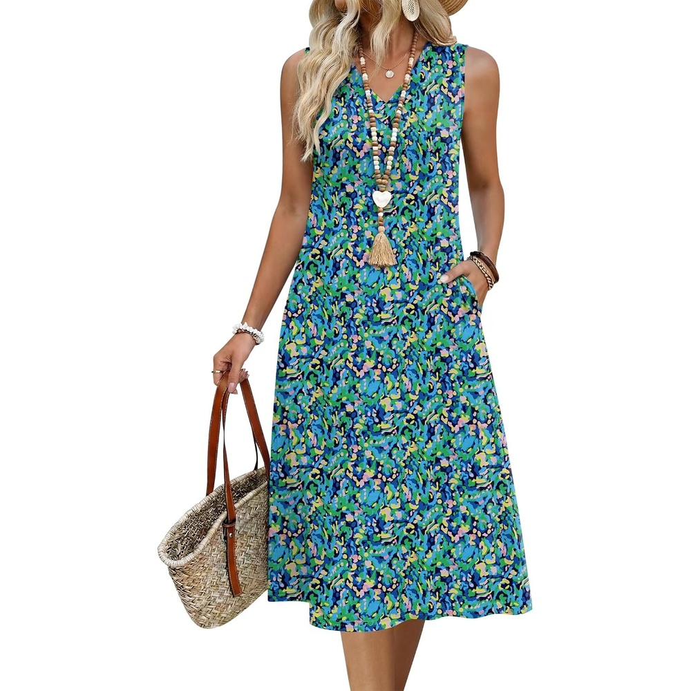image:imageZeagoo Sundresses Dresses for Women 2026 Summer Sleeveless V Neck Casual Midi Tank Beach Vacation Dresses with PocketsGreen 2