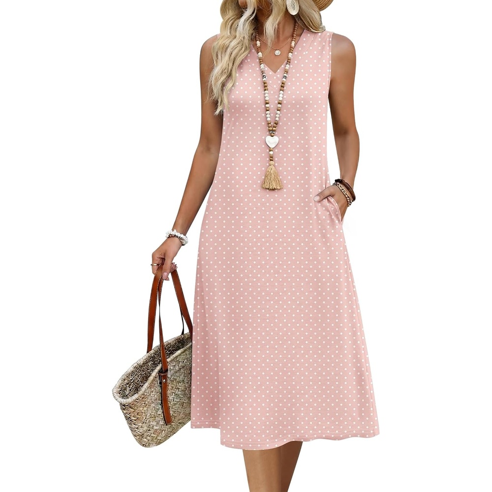 image:imageZeagoo Sundresses Dresses for Women 2026 Summer Sleeveless V Neck Casual Midi Tank Beach Vacation Dresses with PocketsJh1