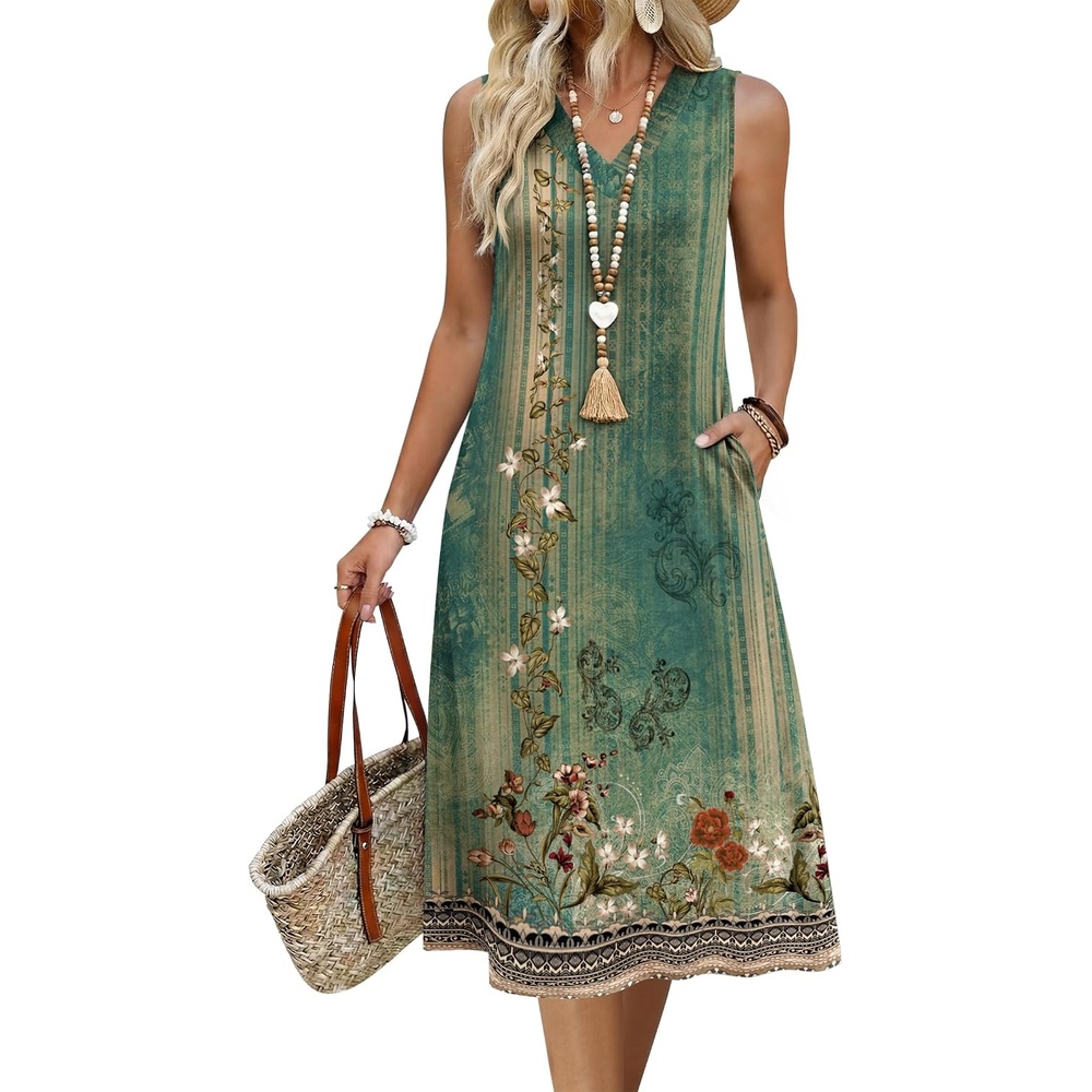 image:imageZeagoo Sundresses Dresses for Women 2026 Summer Sleeveless V Neck Casual Midi Tank Beach Vacation Dresses with PocketsMz840