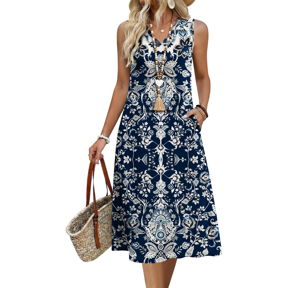 image:imageZeagoo Sundresses Dresses for Women 2026 Summer Sleeveless V Neck Casual Midi Tank Beach Vacation Dresses with PocketsMz924