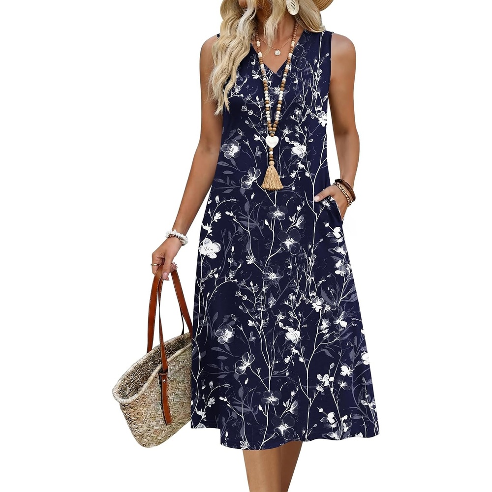 image:imageZeagoo Sundresses Dresses for Women 2026 Summer Sleeveless V Neck Casual Midi Tank Beach Vacation Dresses with PocketsSf180