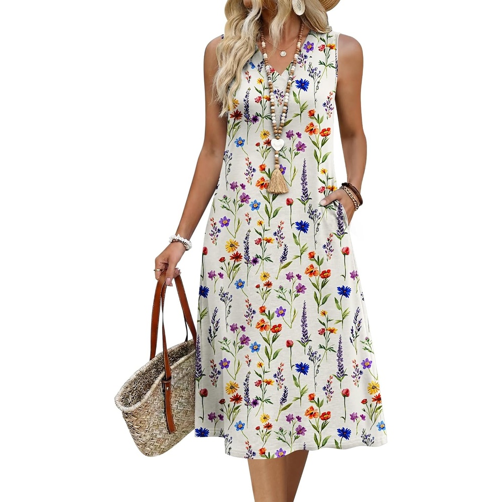 image:imageZeagoo Sundresses Dresses for Women 2026 Summer Sleeveless V Neck Casual Midi Tank Beach Vacation Dresses with PocketsWf109