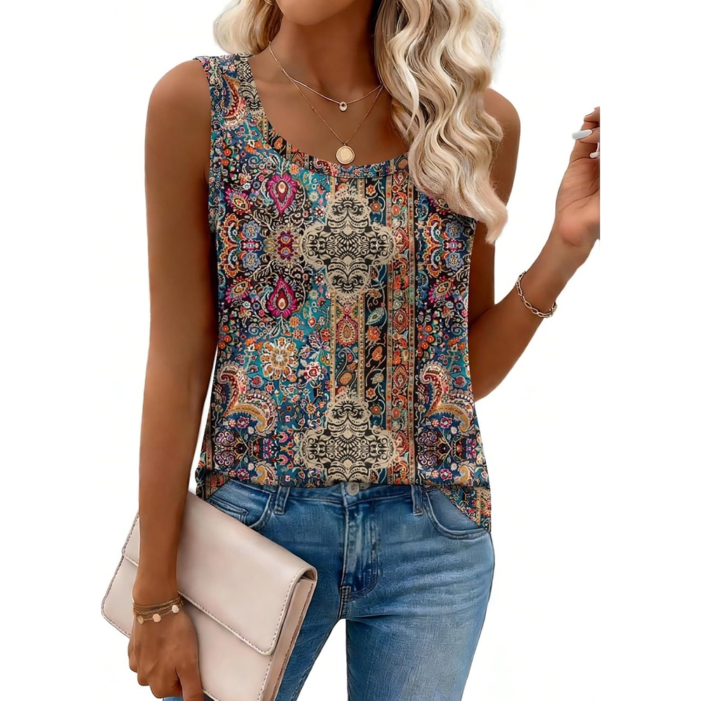 image:imageZeagoo Tank Top for Women Summer Loose Fit Casual Flowy Sleeveless Tops Trendy Scoop Neck Basic Shirts Tee 2026Amz721brown Bohemian