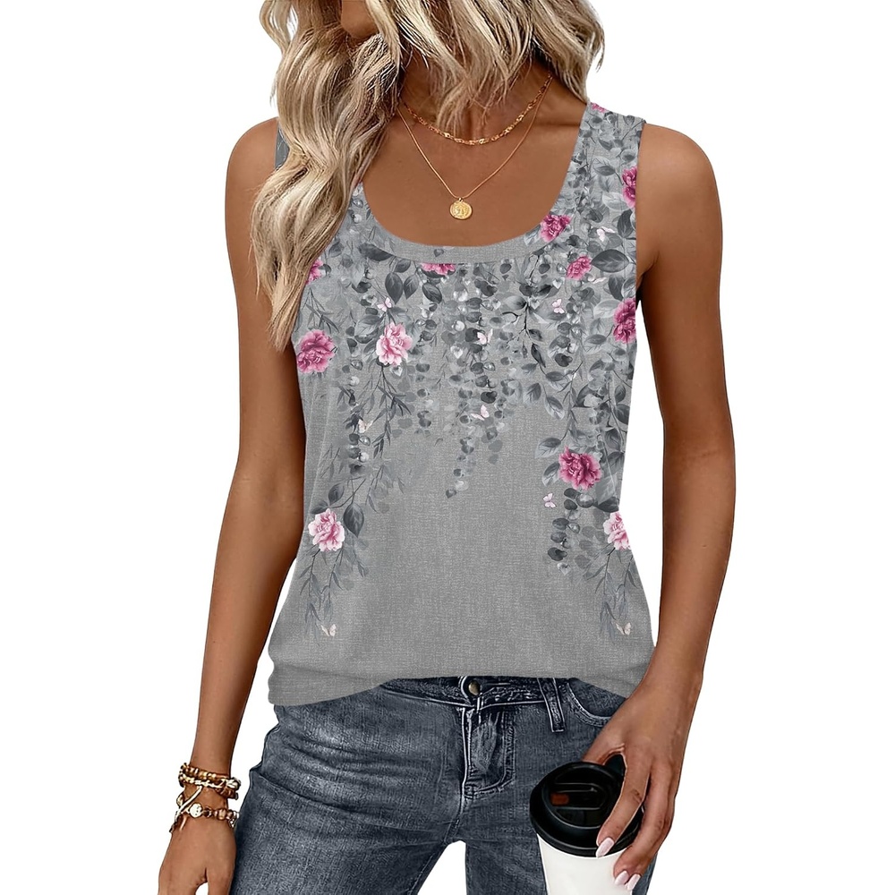 image:imageZeagoo Tank Top for Women Summer Loose Fit Casual Flowy Sleeveless Tops Trendy Scoop Neck Basic Shirts Tee 2026Hf36grey Leaves