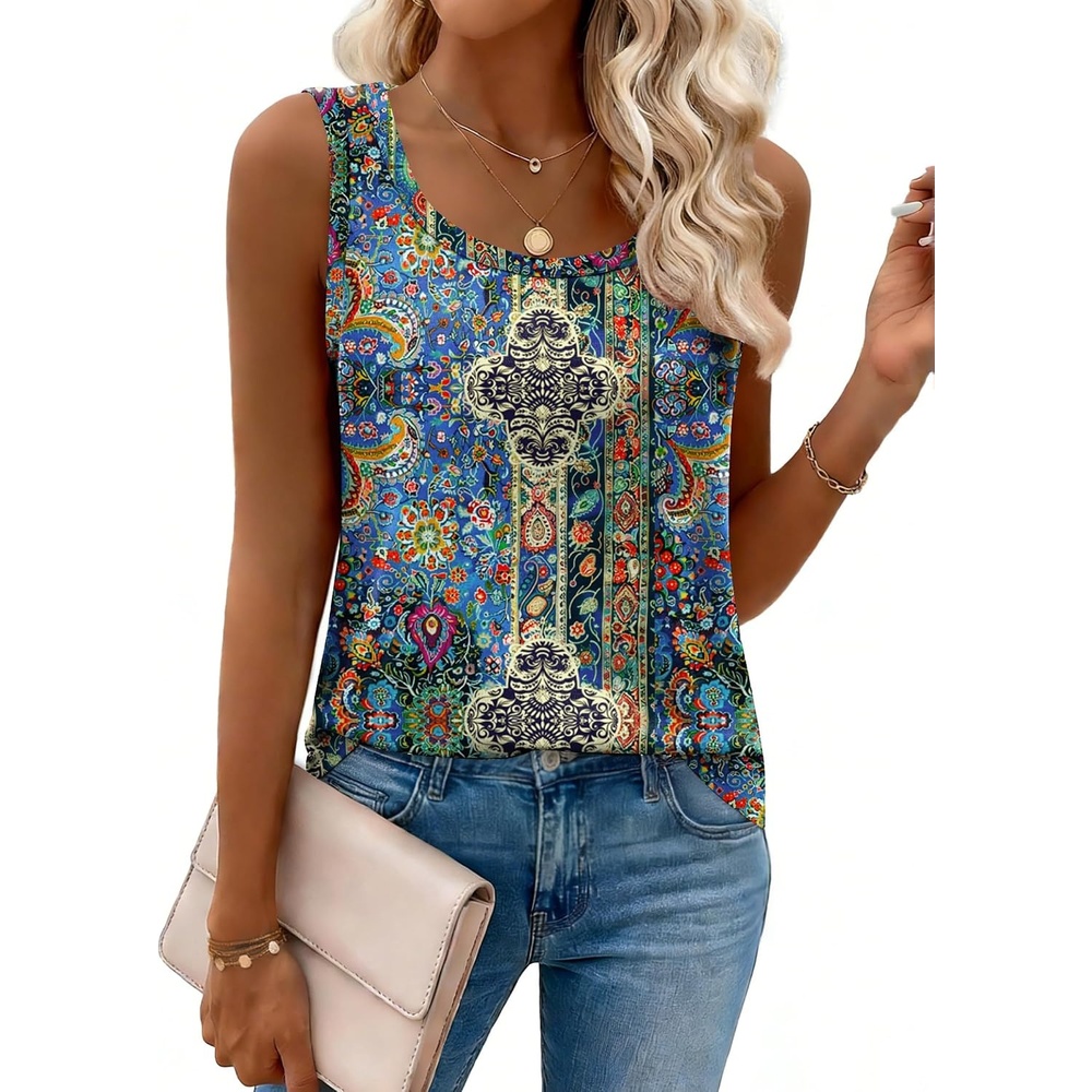image:imageZeagoo Tank Top for Women Summer Loose Fit Casual Flowy Sleeveless Tops Trendy Scoop Neck Basic Shirts Tee 2026Mz779blue Bohemian