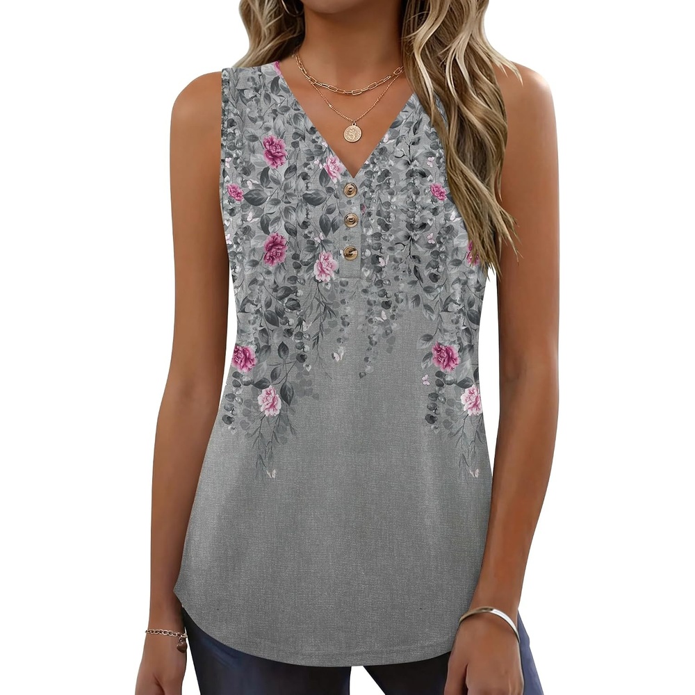 image:imageZeagoo Tank Tops for Women 2026 Summer Top Henley Shirts Dressy Casual Loose Fit VNeck Button Down Sleeveless Tshirt BlouseHf36