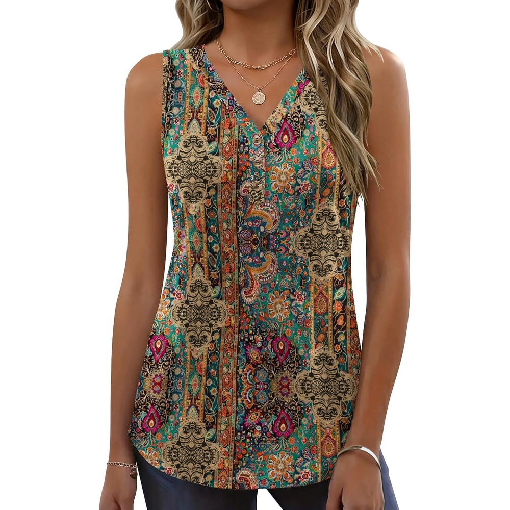 image:imageZeagoo Tank Tops for Women 2026 Summer Top Henley Shirts Dressy Casual Loose Fit VNeck Button Down Sleeveless Tshirt BlouseMz721