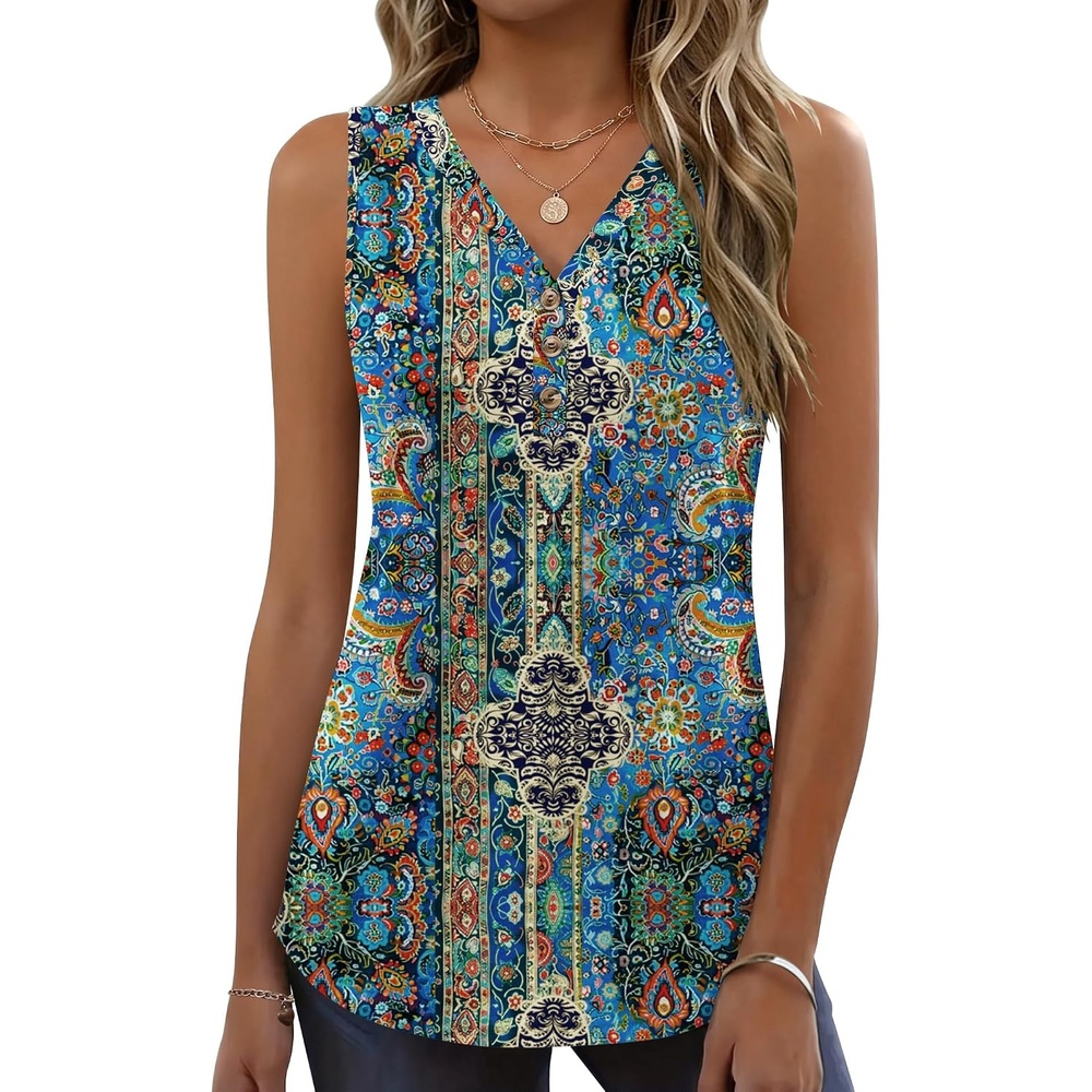 image:imageZeagoo Tank Tops for Women 2026 Summer Top Henley Shirts Dressy Casual Loose Fit VNeck Button Down Sleeveless Tshirt BlouseMz779