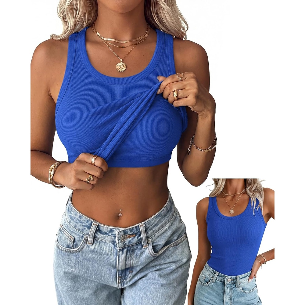 image:imageZeagoo Tank Tops with Built in Bra for Women Sleeveless Ribbed Summer TopsBlue