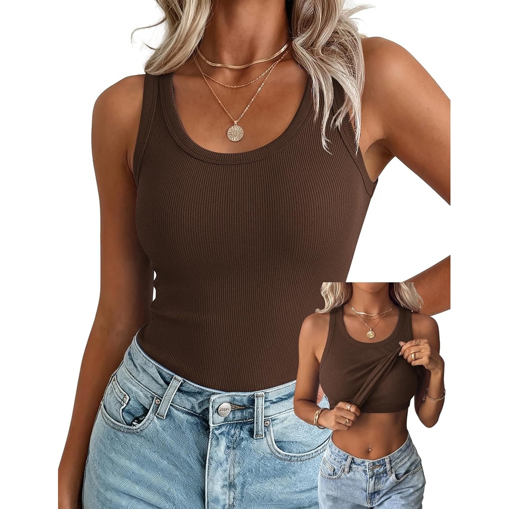 image:imageZeagoo Tank Tops with Built in Bra for Women Sleeveless Ribbed Summer TopsBrown