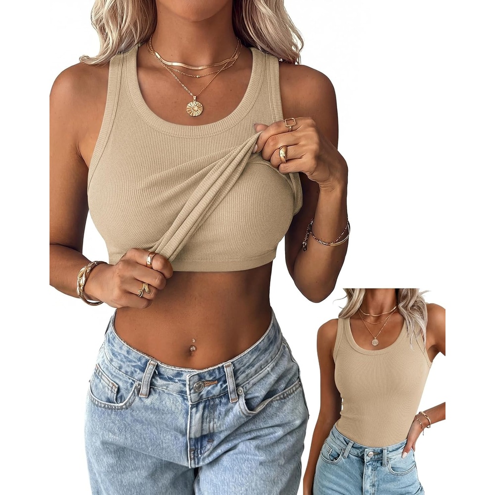 image:imageZeagoo Tank Tops with Built in Bra for Women Sleeveless Ribbed Summer TopsKhaki